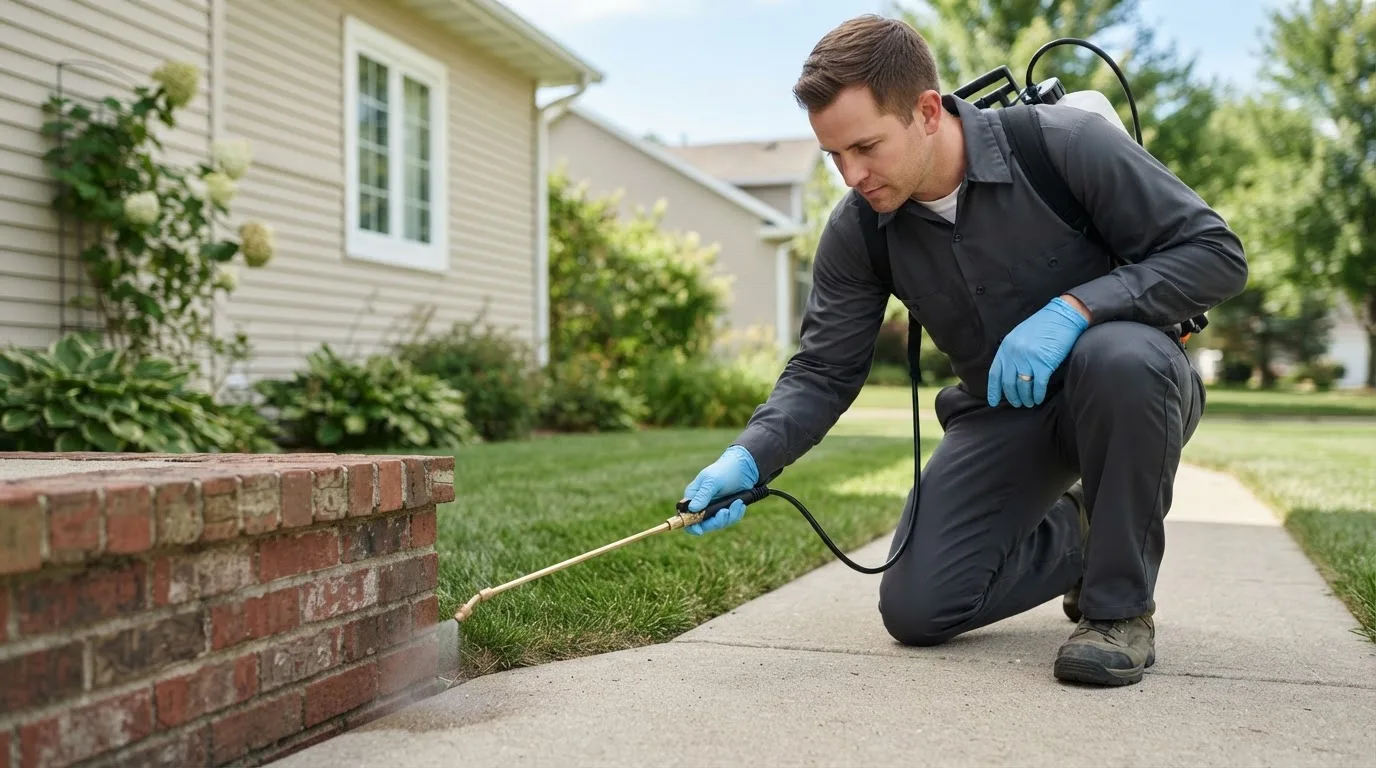 Pest control technician treating a home near East Montpelier, VT