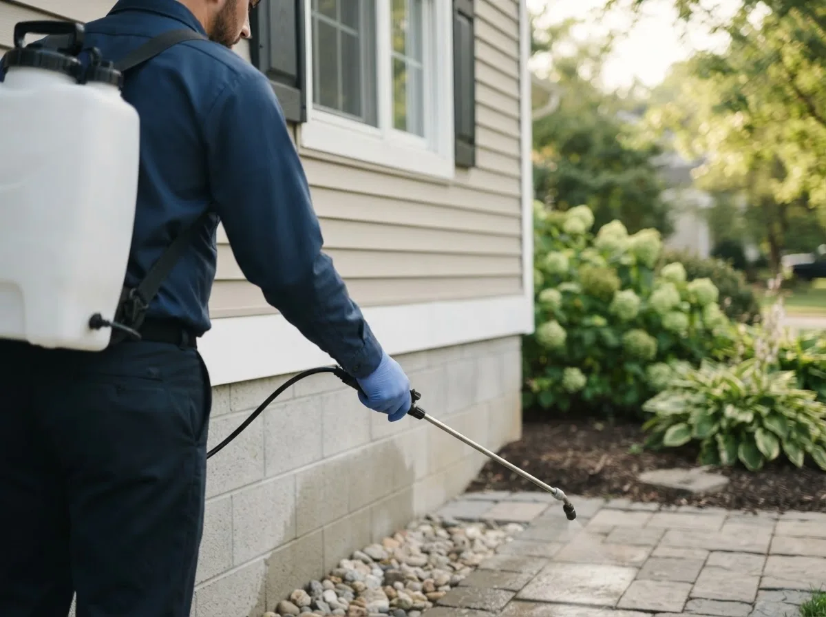 Pest control technician inspecting a home in East Montpelier, VT